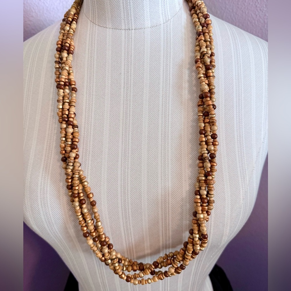 Vintage Multi-Strand Boho Wooden Variety Beads Statement Necklace 31”